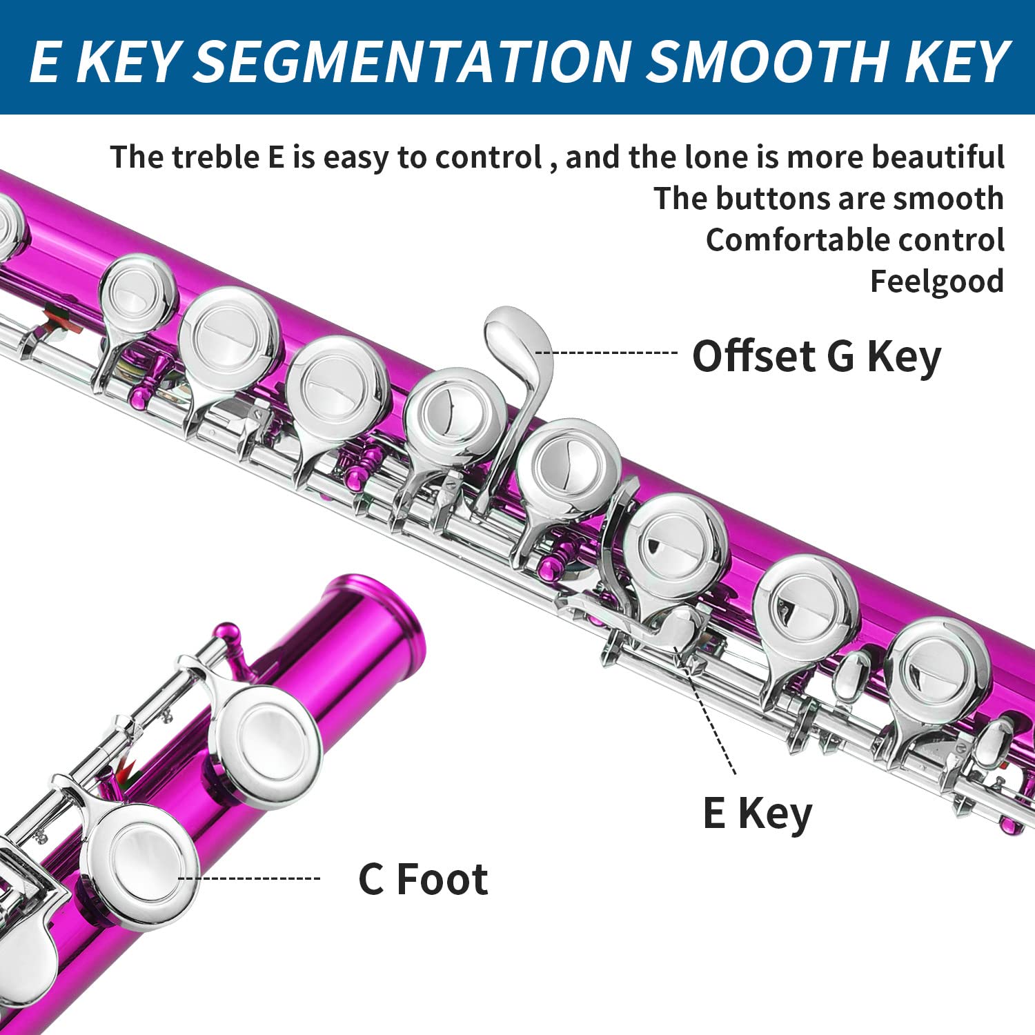 LeSage Flutes Closed Hole 16 Key Pink C Flute for Kids Beginner Starter Student with Flute Case Maintenance Kit Cleaning Cloth F